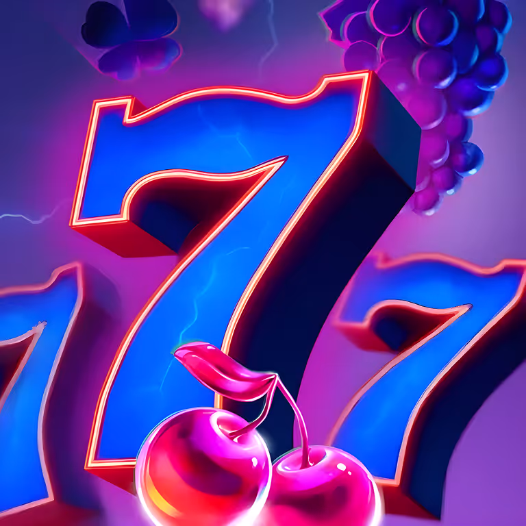 Bright neon 777 slot machine glowing with cherries and lights, representing 777Bet Casino’s 50 Free Spins welcome offer.