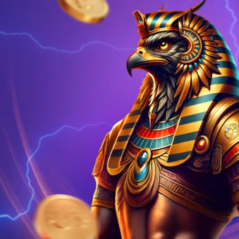 Golden falcon statue surrounded by coins and blue light, symbolizing weekly cashback rewards at 777Bet Casino.